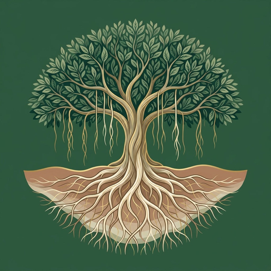 Banyan tree with hanging roots and deep root system illustrating Atree Ayurveda root cause healing